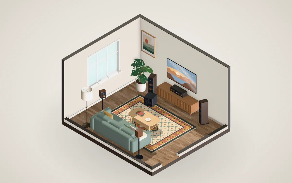 Small living room with the sofa pushed against the back wall and surround speakers beside it.
