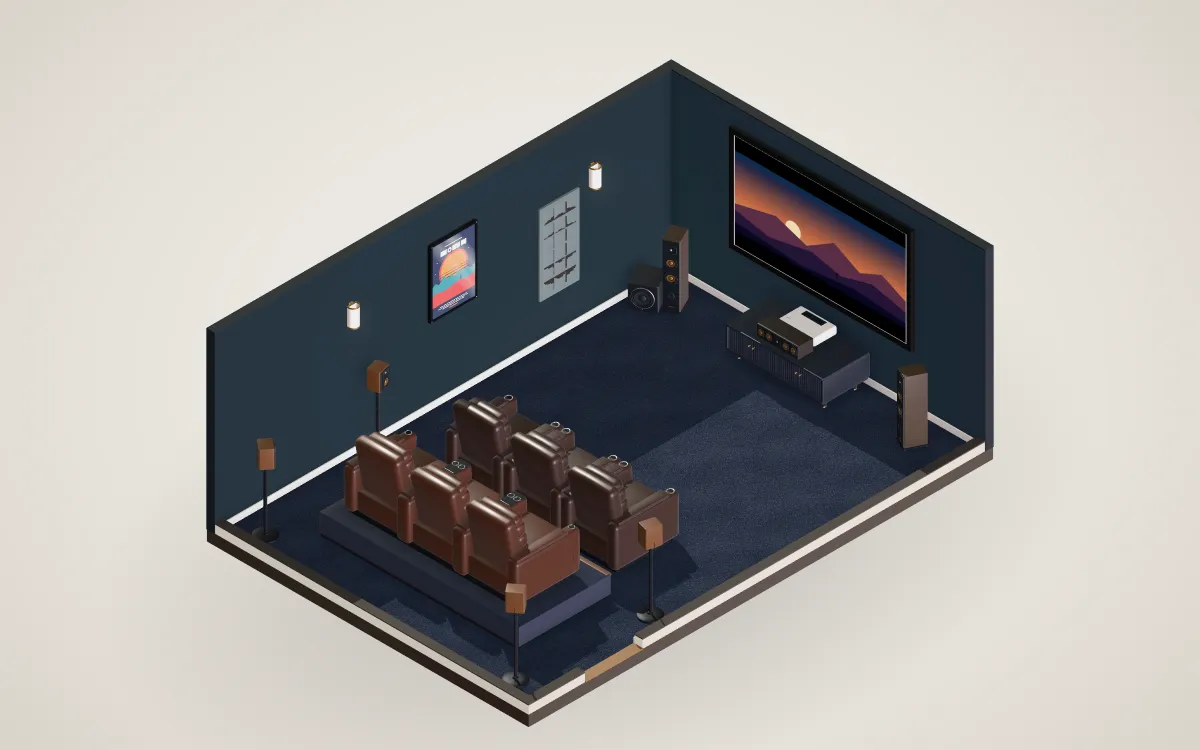 Basement home theater with a 120-inch screen, two rows of recliners on a riser and 7.1 surround.