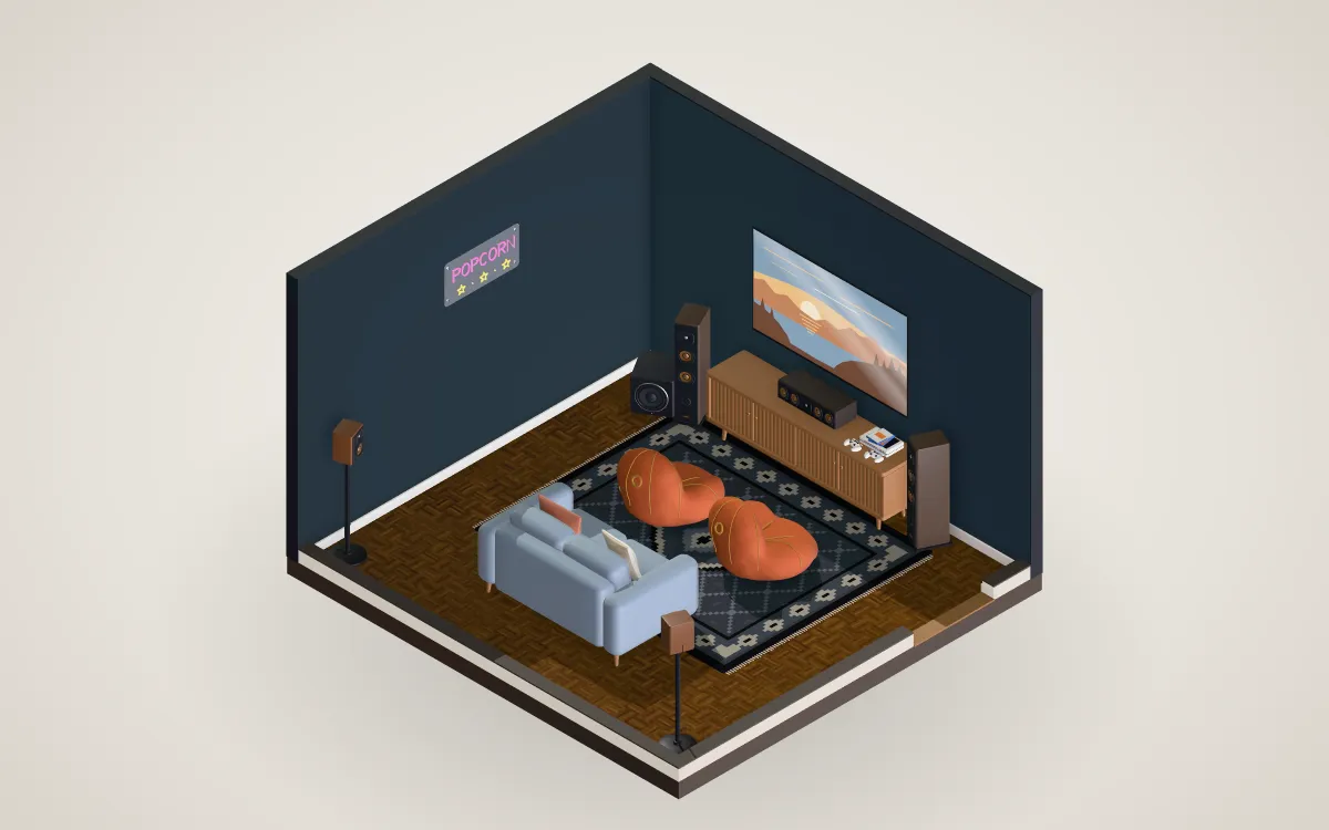 Gaming den with a 75-inch TV, consoles, bean bags and 5.1 sound.