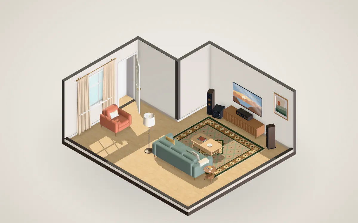 L-shaped living room with a 65-inch TV and 3.1 speakers.
