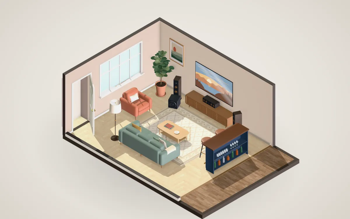 Open-plan room with an 83-inch TV, 3.1 speakers and a kitchen island behind the sofa.