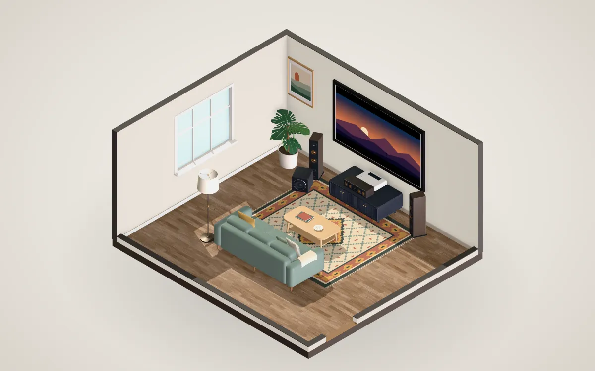 Living room with an ultra-short-throw projector and a 110-inch screen.