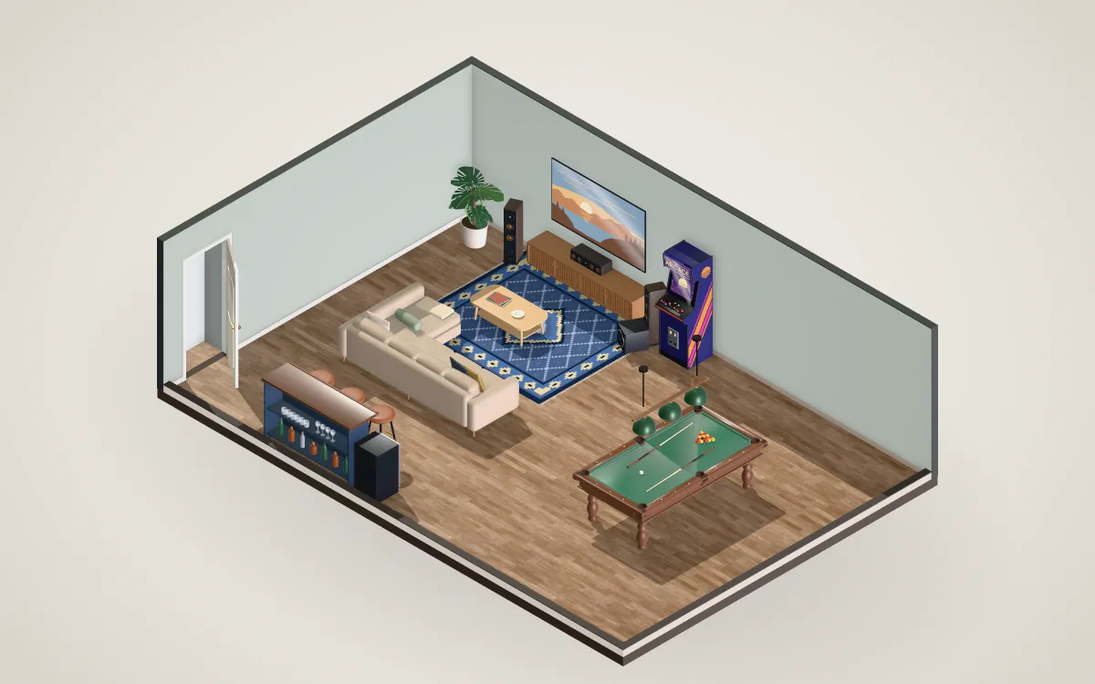 Rec room with a pool table, home bar and sectional facing an 85-inch TV.