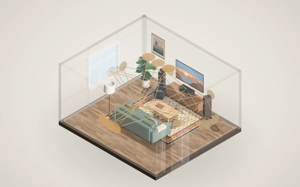 Living room showing sound reflection paths from the speakers off the side walls to the sofa.