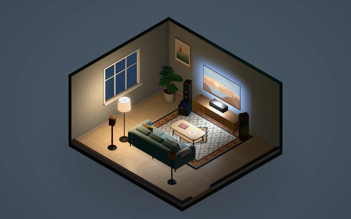 A living-room home theater at evening: TV on the wall, speakers placed, sofa facing the screen.