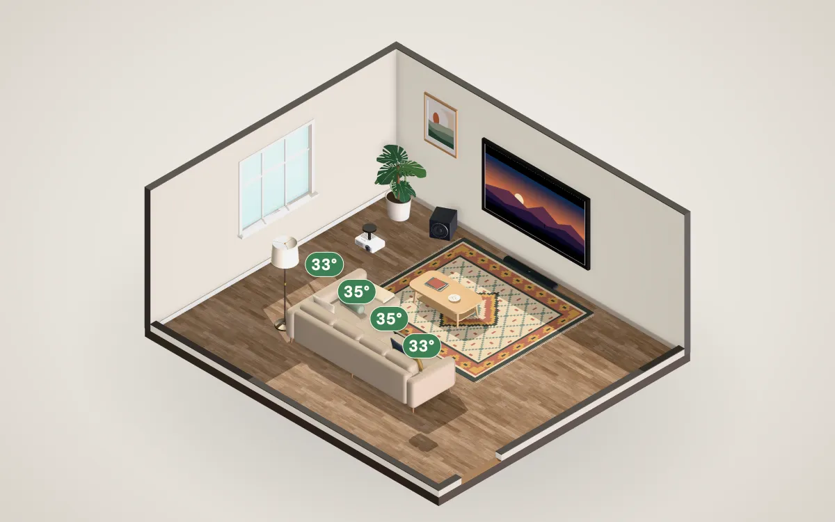 3D cutaway of a 20 by 17 foot living room with a 100-inch TV on the wall and a sectional sofa at the recommended distance.