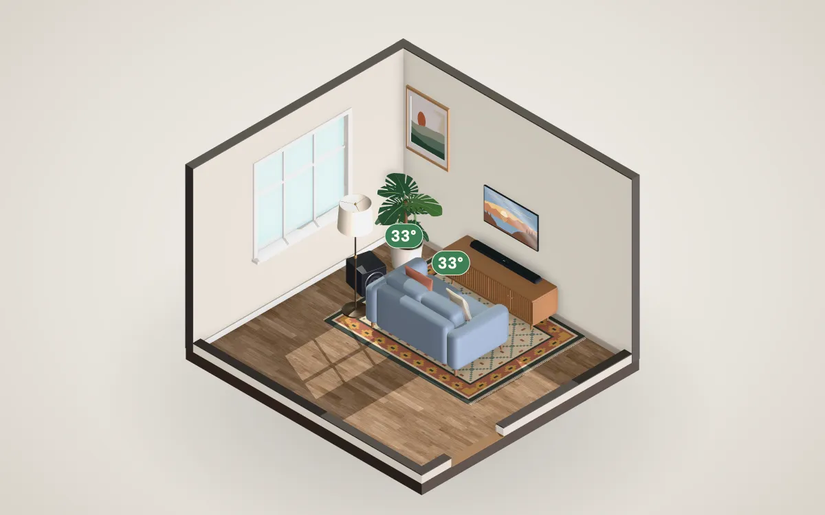 3D cutaway of a 12 by 11 foot living room with a 40-inch TV on the wall and a loveseat at the recommended distance.
