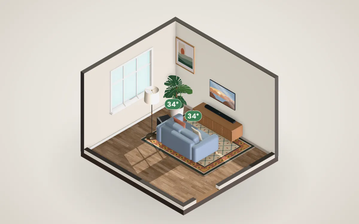 3D cutaway of a 12 by 11 foot living room with a 43-inch TV on the wall and a loveseat at the recommended distance.