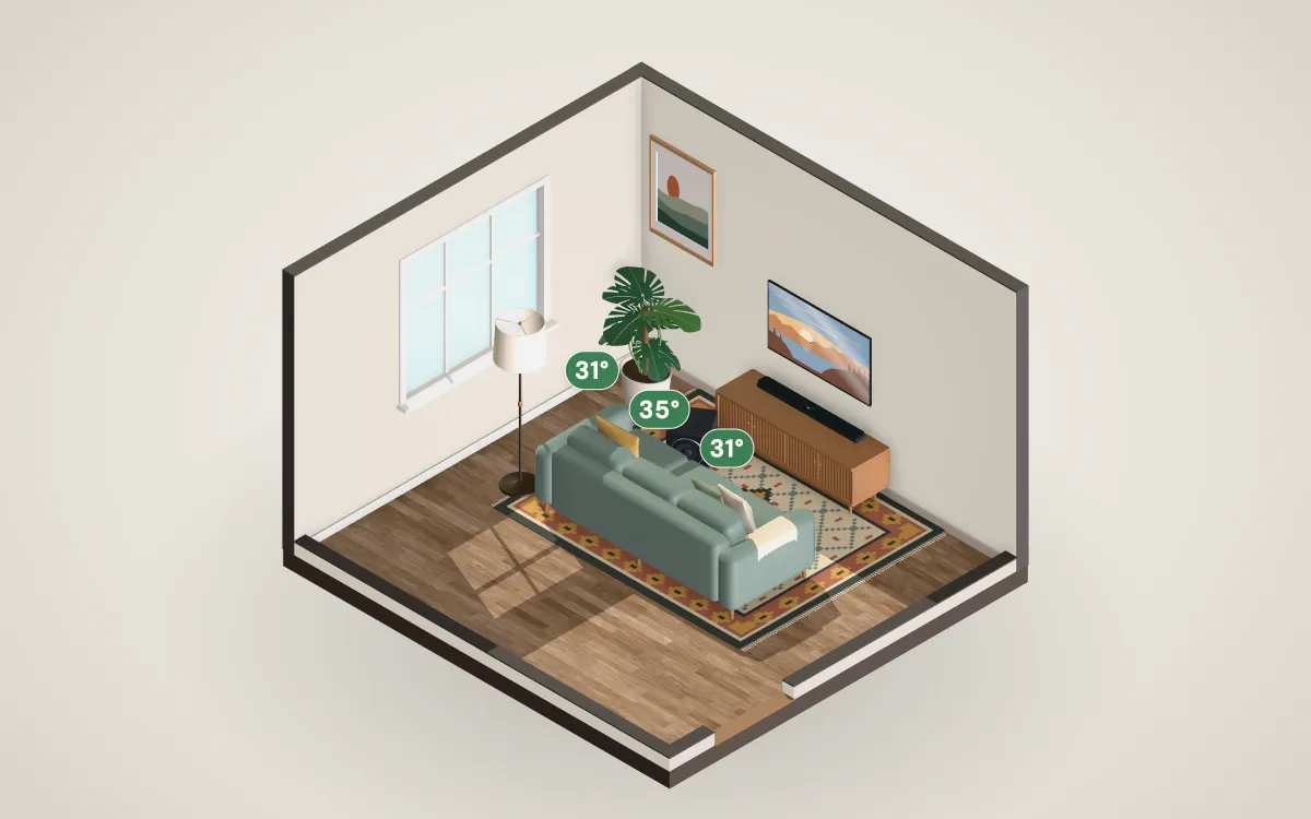 3D cutaway of a 13 by 12 foot living room with a 50-inch TV on the wall and a sofa at the recommended distance.
