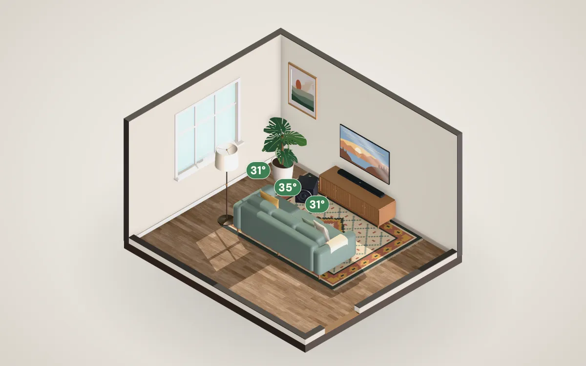 3D cutaway of a 14 by 12 foot living room with a 55-inch TV on the wall and a sofa at the recommended distance.