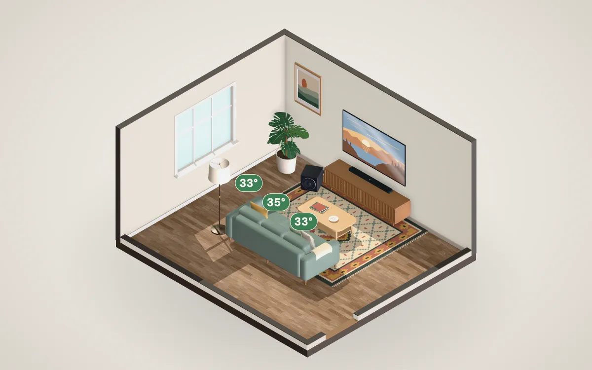 3D cutaway of a 16 by 14 foot living room with a 75-inch TV on the wall and a sofa at the recommended distance.