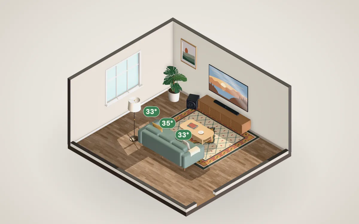 3D cutaway of a 17 by 15 foot living room with a 80-inch TV on the wall and a sofa at the recommended distance.