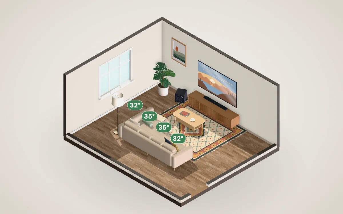 3D cutaway of a 18 by 15 foot living room with a 85-inch TV on the wall and a sectional sofa at the recommended distance.