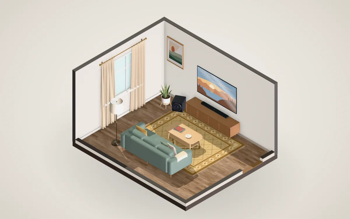 Apartment living room with a soundbar centered below a wall-mounted 75-inch TV.