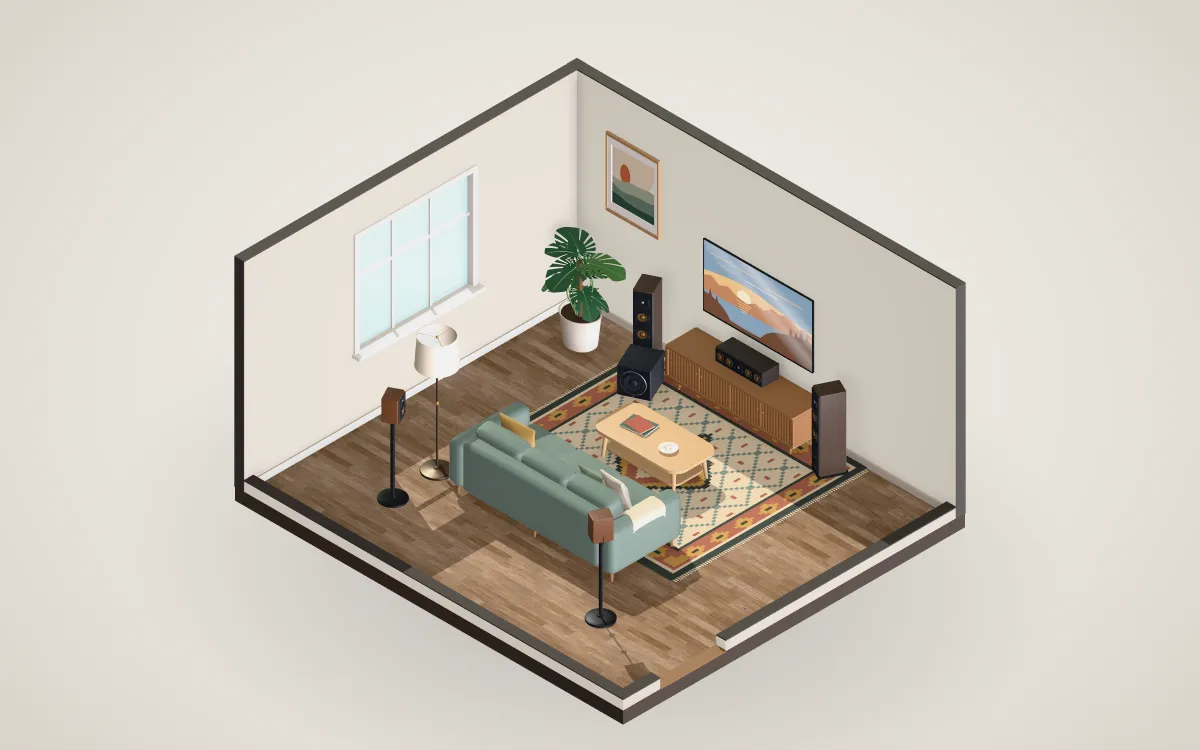 Living room with a 5.1 speaker layout: left, center and right by the TV, two surrounds beside the sofa and a subwoofer.